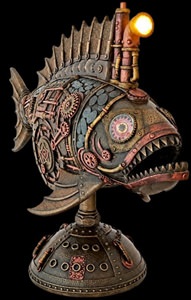 Fritstående steampunk lampefigur med kobber- og messingdetaljer på industriel base